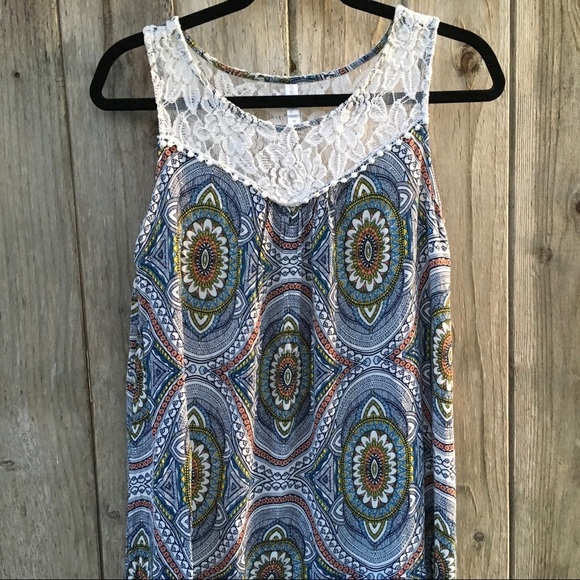 Xhilaration Boho Print & Lace Tunic Sun Dress Sleeveless Midi Dress Medium - Picture 2 of 6
